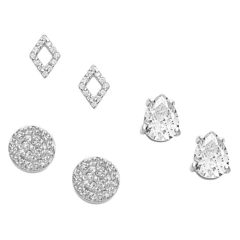 Sterling Silver CZ Geo Stud Earrings - Set of 3