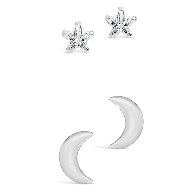 Sterling Silver Crescent & CZ Star Stud Set