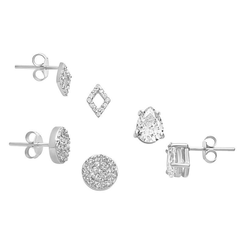 Sterling Silver CZ Geo Stud Earrings - Set of 3