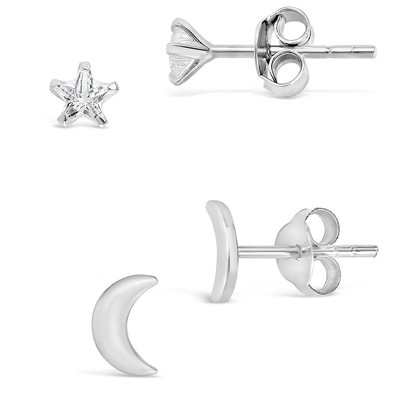 Sterling Silver Crescent & CZ Star Stud Set