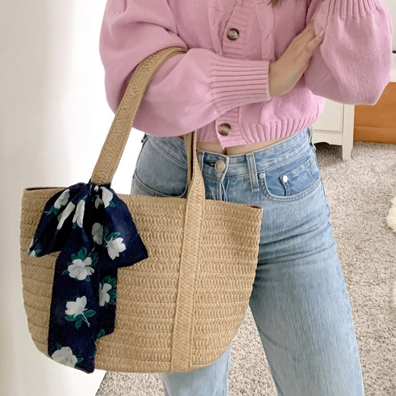 Straw Bag with Floral Scarf