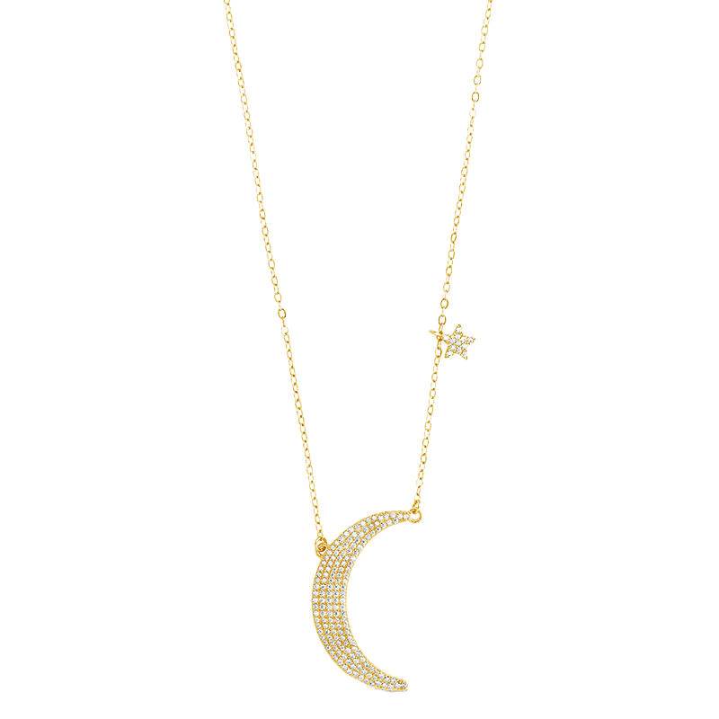 Sterling Silver CZ Crescent & Star Charm Necklace