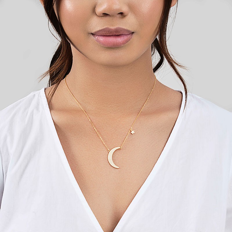Sterling Silver CZ Crescent & Star Charm Necklace