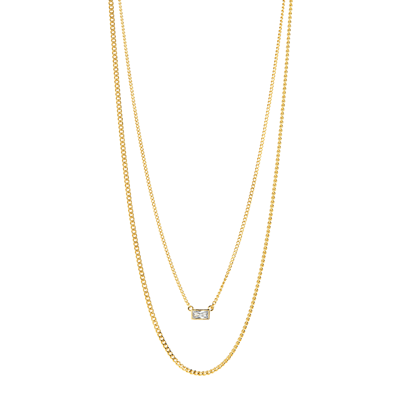 CZ Baguette and Herringbone Layered Necklace