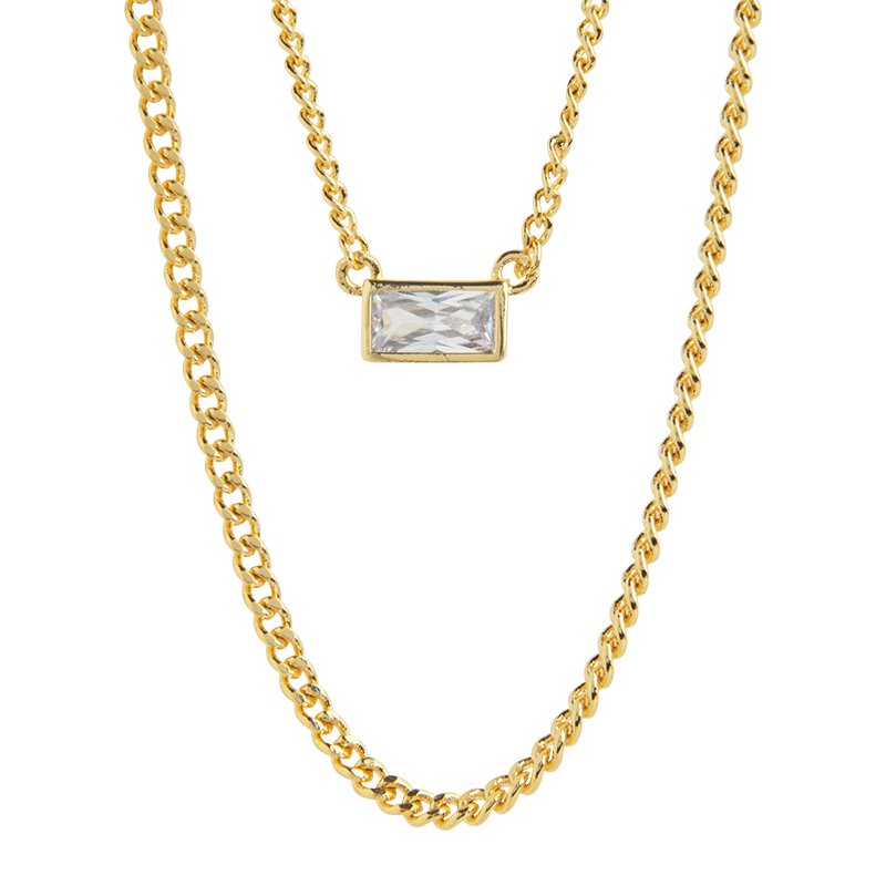 CZ Baguette and Herringbone Layered Necklace