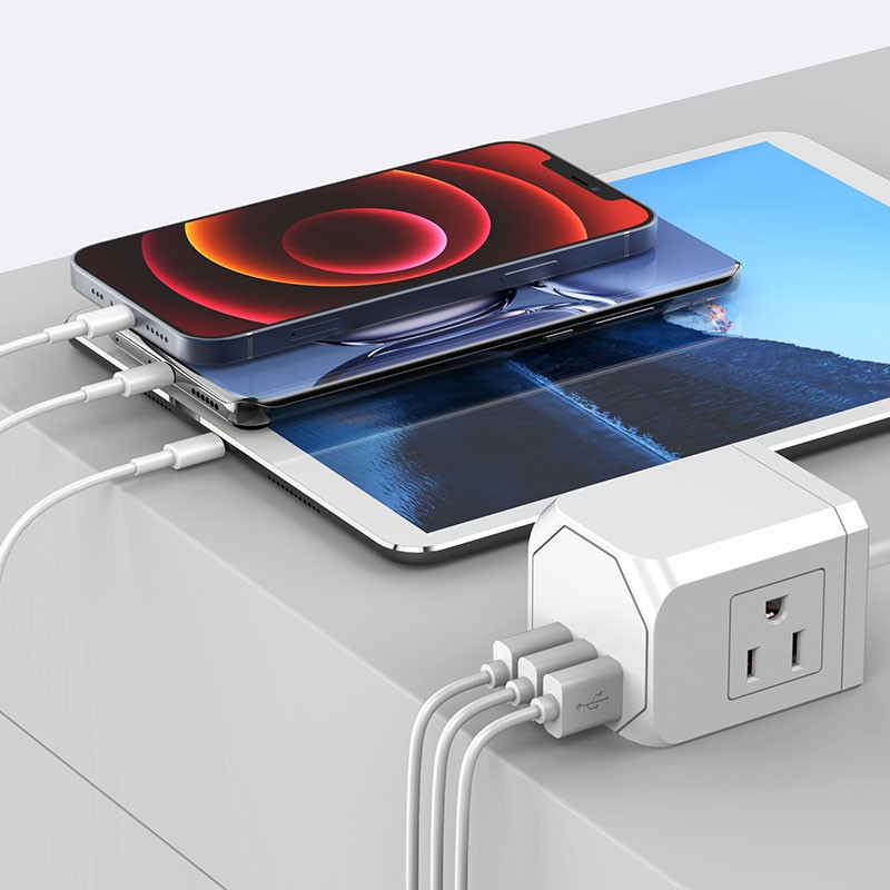 5' Cable with 3 Wall Outlets & 4 USB Ports