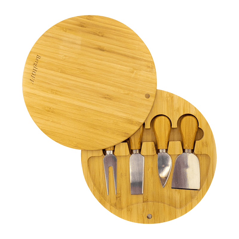 Round Covered Bamboo Cheese Board with 4 Tools