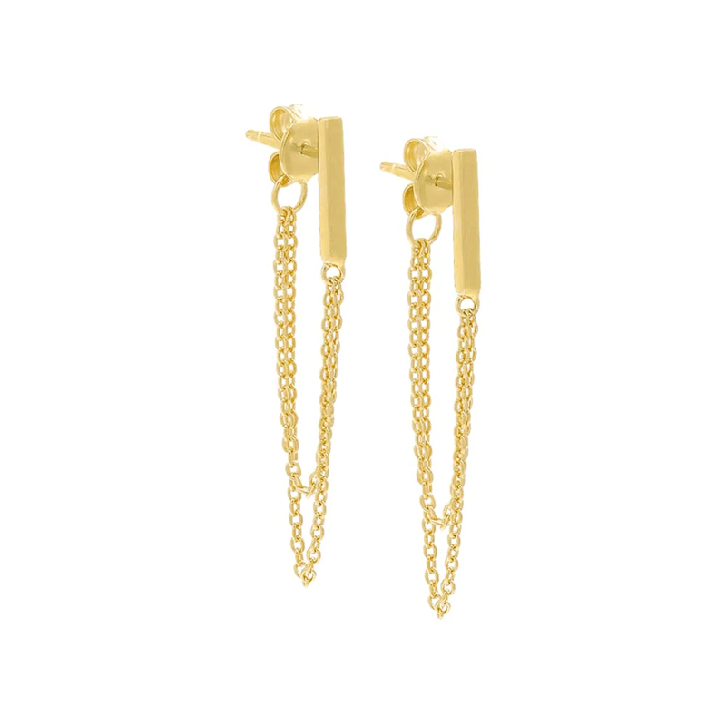 Solid Bar Front Back Multi Chain Stud Earrings