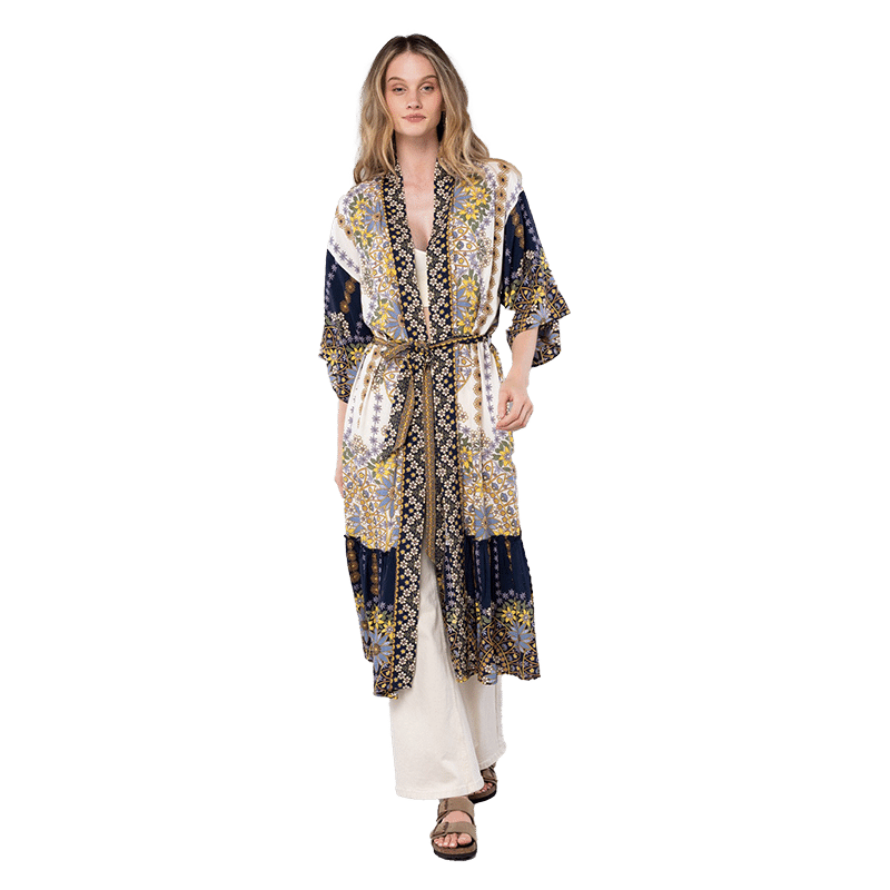 Viscose Floral Patchwork Print Midi Kimono - O/S