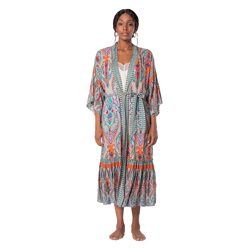 Viscose Aztec Print Midi Kimono - O/S