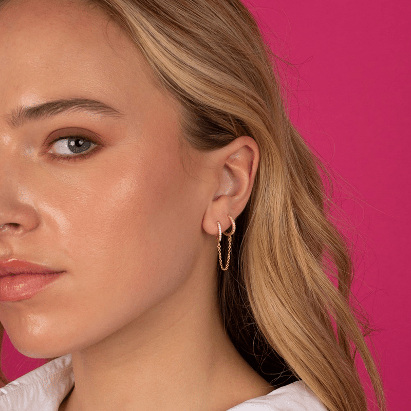 Cz Double Huggie Chain Earrings