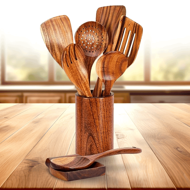 9 Piece Wooden Kitchen Utensil Set
