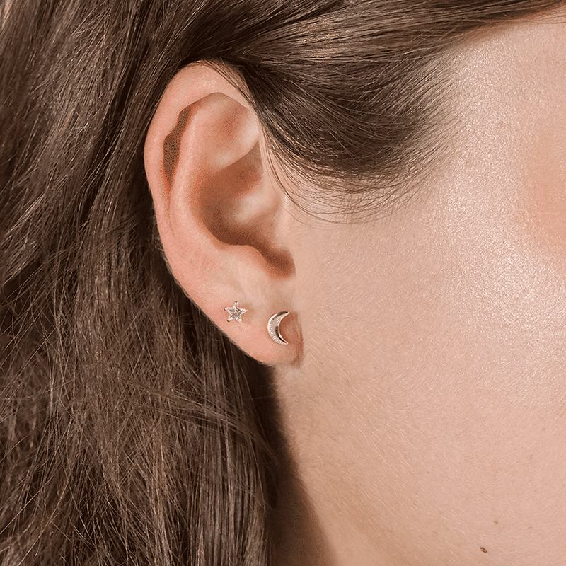 Sterling Silver Crescent & CZ Star Stud Set