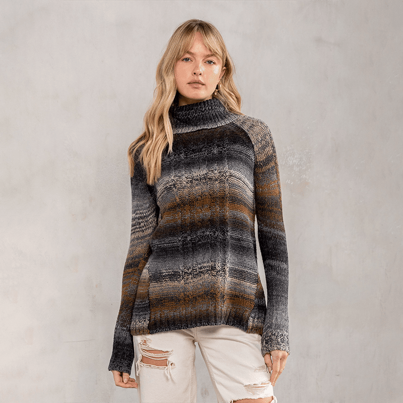 Yarn Dye Cable Front Turtle Neck