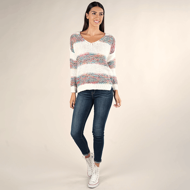 Long Sleeve V Neck Multi Stripe Sweater