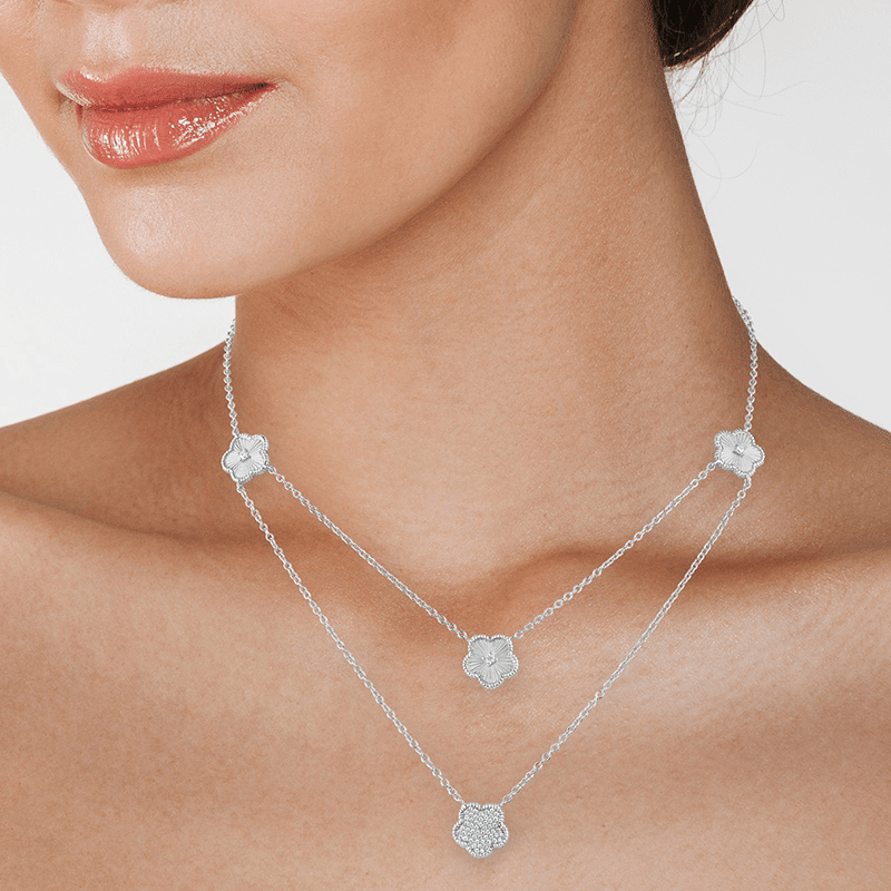 2.5Cttw Striated/Pave Clover Double Strand Necklace