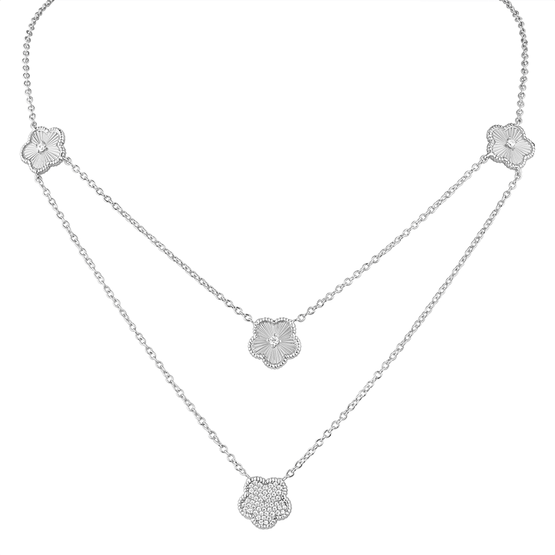 2.5Cttw Striated/Pave Clover Double Strand Necklace