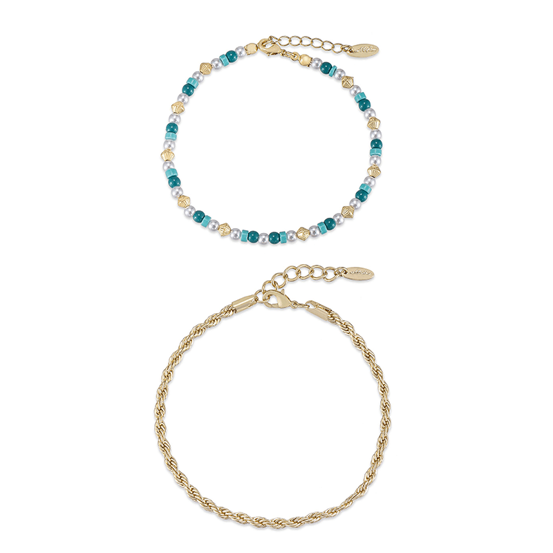 Seaside Turquoise and Pearl 18k Gold Plated Anklet Set