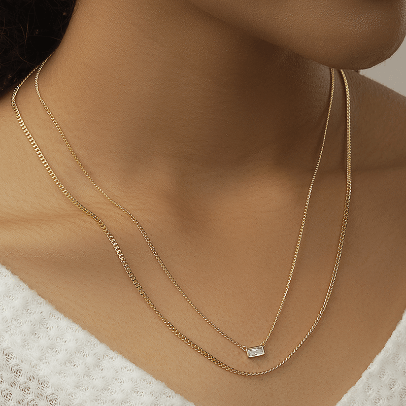 CZ Baguette and Herringbone Layered Necklace