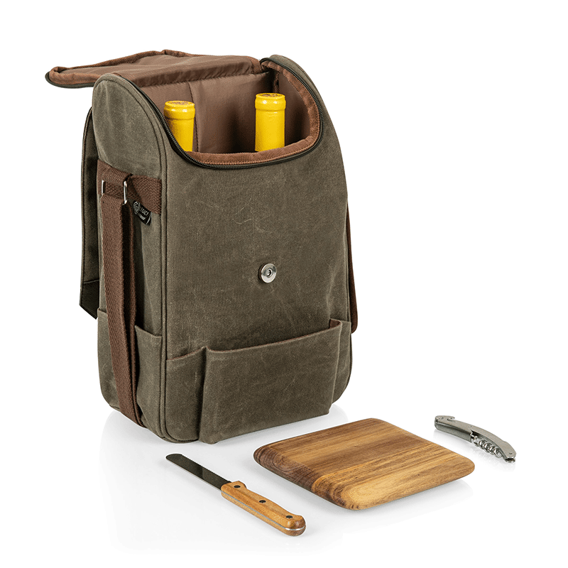 2 Bottle Insulated Wine & Cheese Cooler (Khaki Green with Brown Accents)
