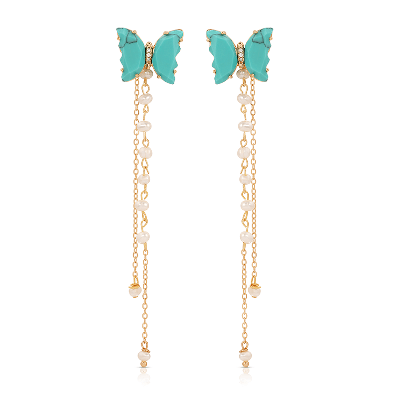Turquoise Butterfly Pearl Chain Dangle Earrings