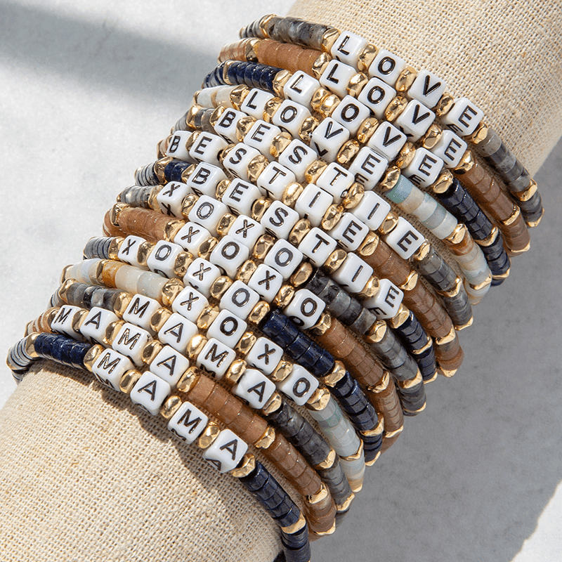 Natural Stone Stretch Bracelet with Beaded LOVE Blocks