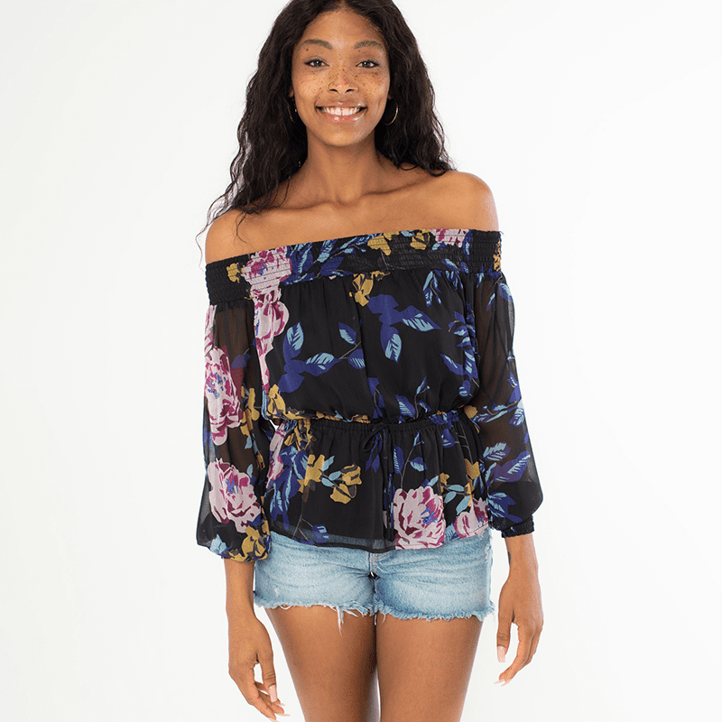 Printed Volume Sleeve Off Shoulder Top W/ Waist Tie