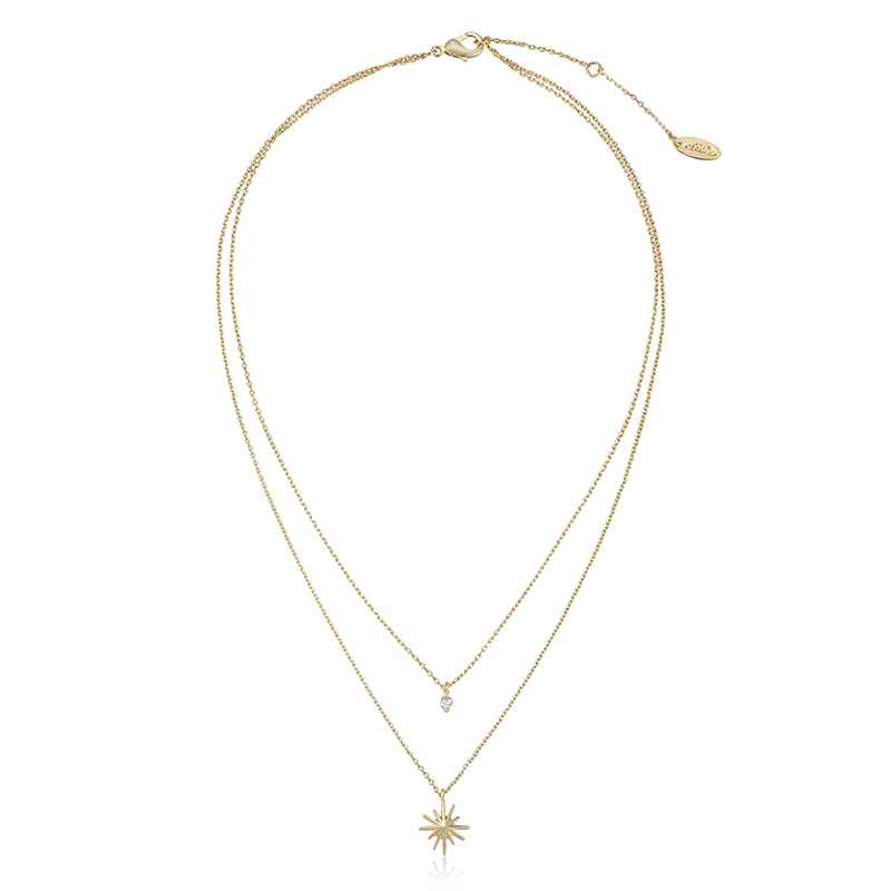 Layered Starburst and Crystal 18k Gold Plated Necklace