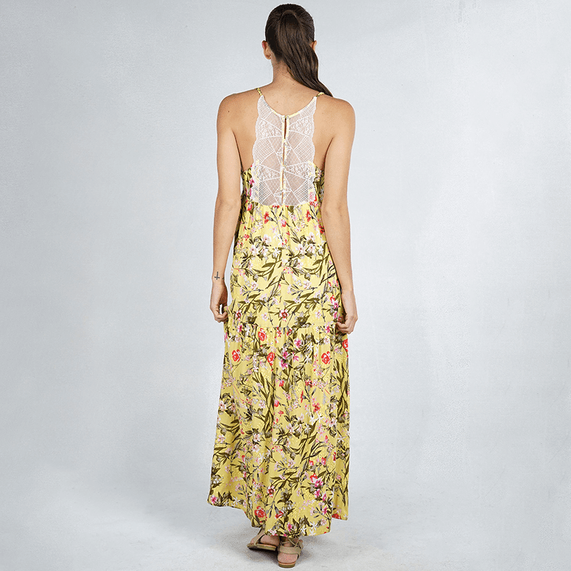Printed Embroidered Scalloped Lace Button Back Tiered Maxi Dress