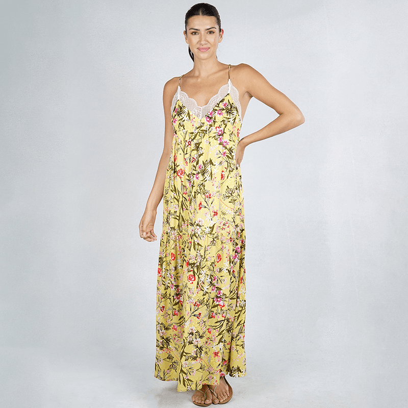 Printed Embroidered Scalloped Lace Button Back Tiered Maxi Dress