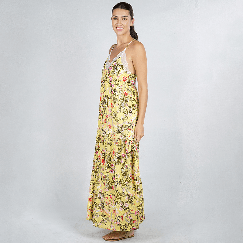 Printed Embroidered Scalloped Lace Button Back Tiered Maxi Dress