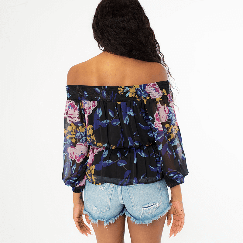 Printed Volume Sleeve Off Shoulder Top W/ Waist Tie