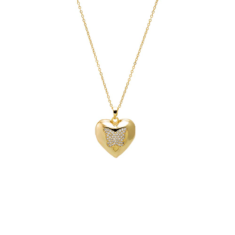 Pave Butterfly Bubble Heart Locket Necklace (Gold)