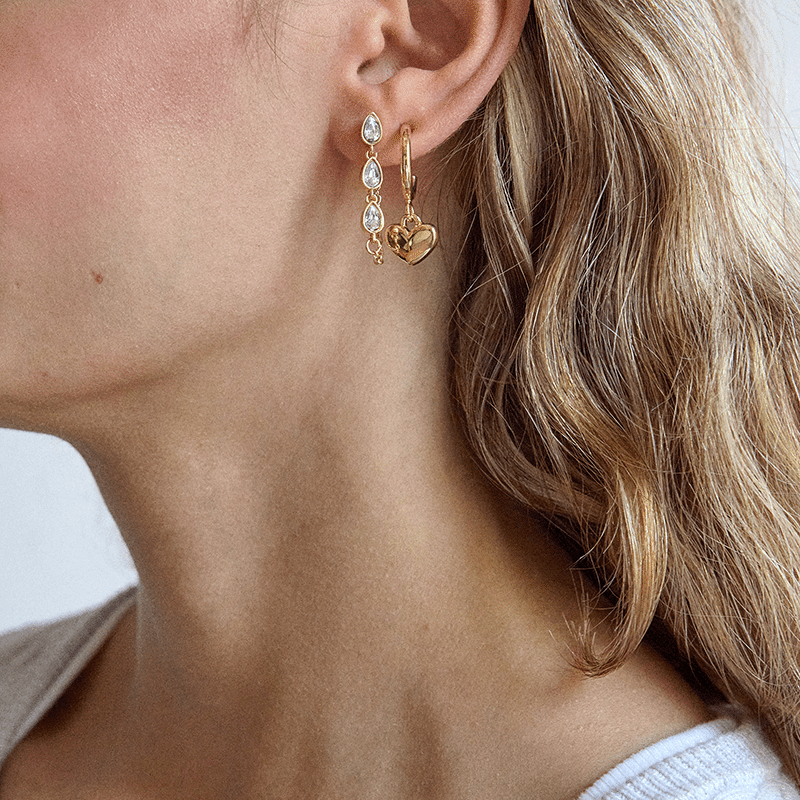 Heart Drop and Stone Set of 2 Earrings