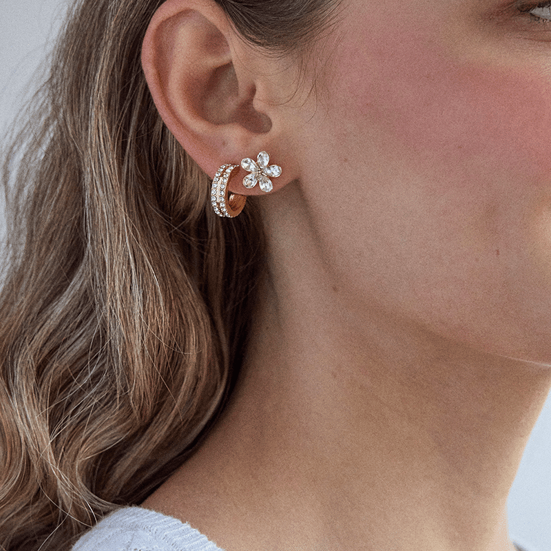 Stone Hoop and Flower Stud Set of 2 Earrings