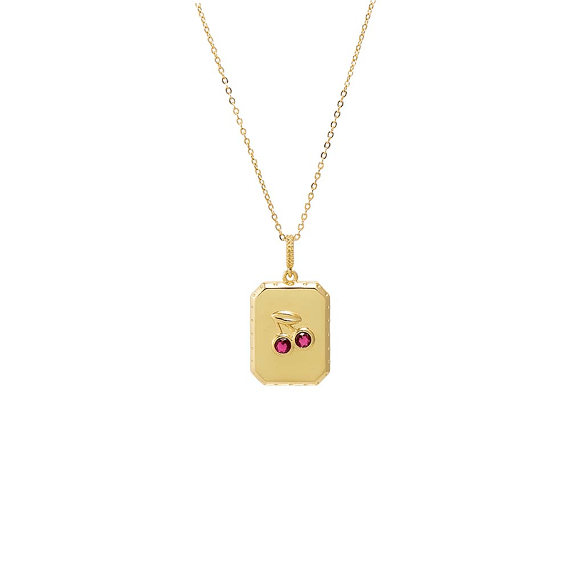 Red Cherry Dog Tag Pendant Necklace (Gold)