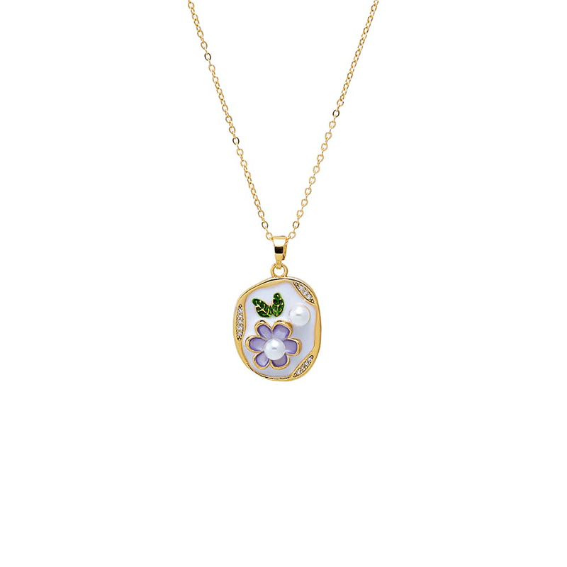 Mini Flower Pearl Tag Charm Necklace (Pearl White)