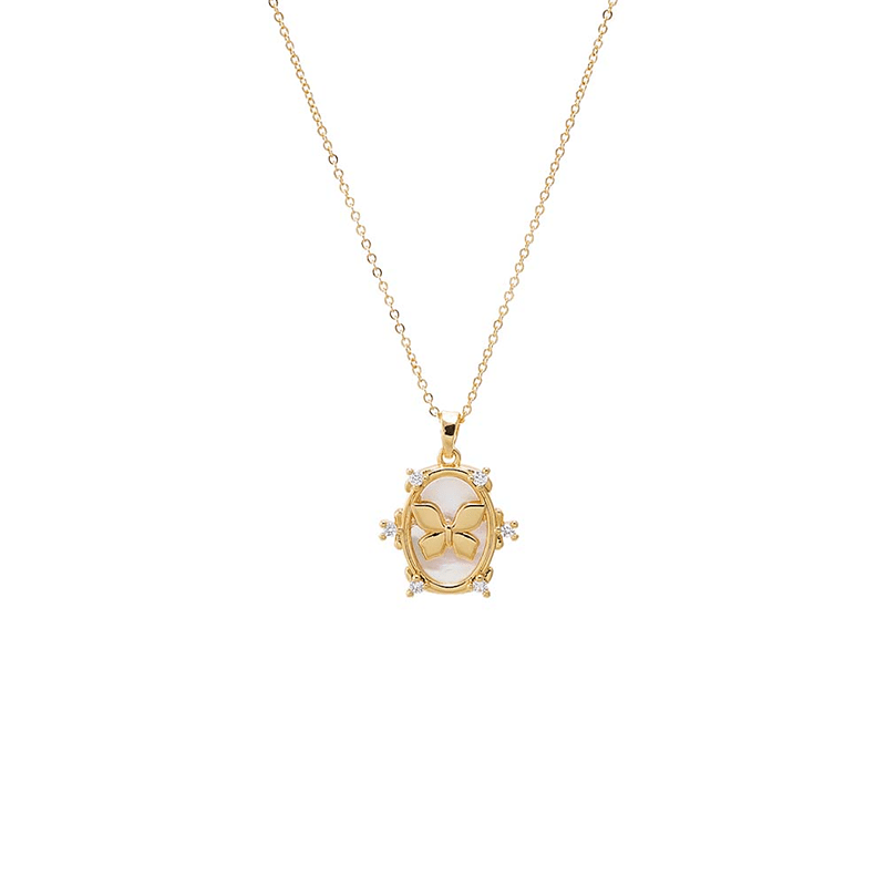 CZ Rimmed Butterfly Oval Charm Necklace (Gold)