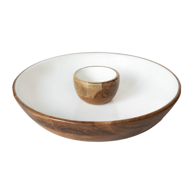 Wood + White Collection Acacia Wood 15" Chip & Dip Serving Bowl