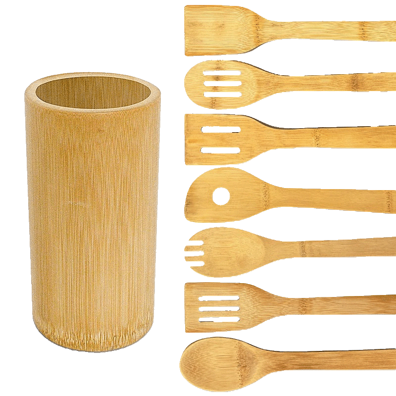 7 Piece Bamboo Wooden Utensil Set with Container