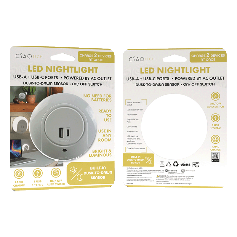 Motion Detection LED Night Light with USB-C & USB-A Ports