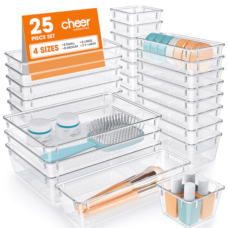 25 Piece Clear Plastic Drawer Organizer Set