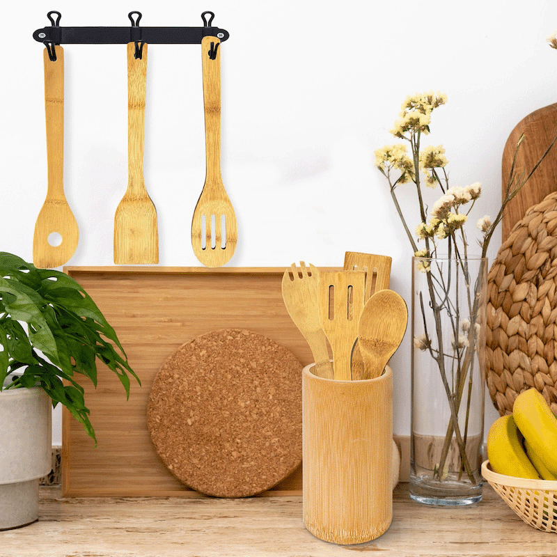7 Piece Bamboo Wooden Utensil Set with Container