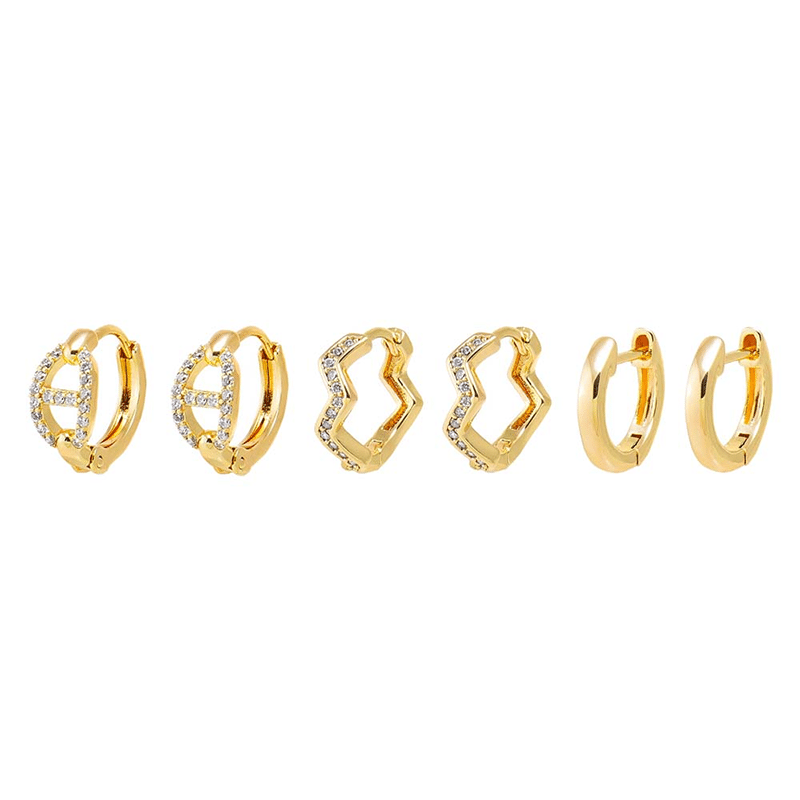 Pave Mariner & Squiggly Huggie Earring Combo Set (Gold)