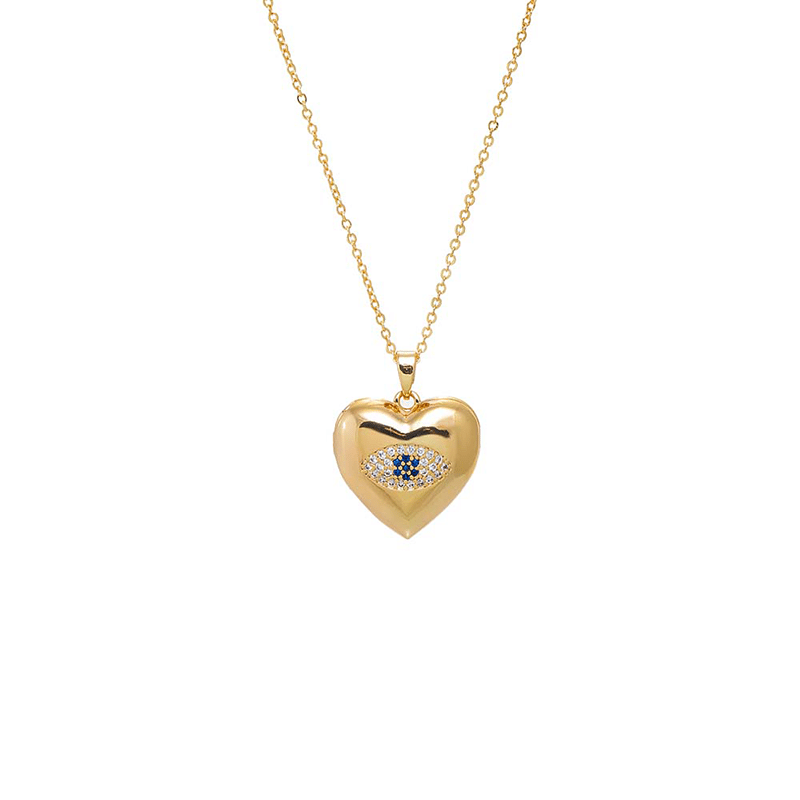 Pave Colored Evil Eye Bubble Heart Locket Necklace (Gold)