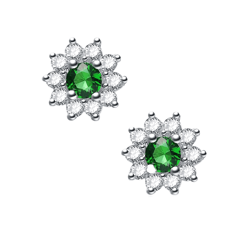 Rhodium Plated Emerald Green Round Earrings
