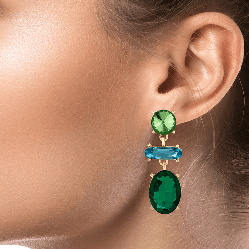 Blue/Green Oval Crystals Vertical Earrings
