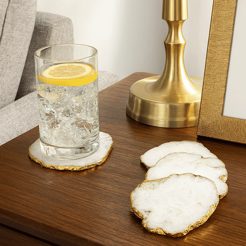 White Quartz Coasters with Brass Edge (Set of 4)