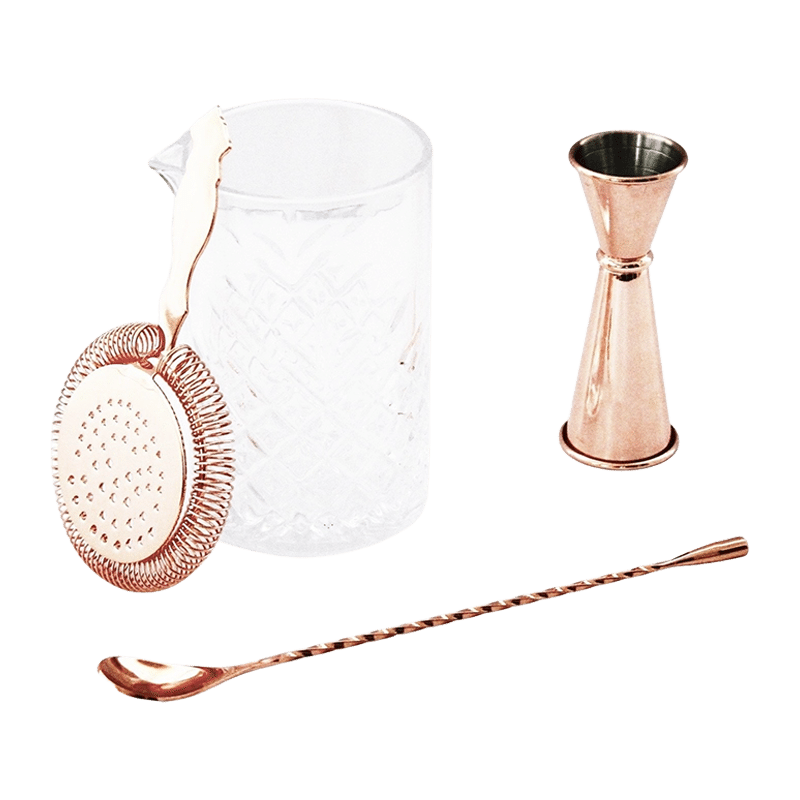 Vintage Inspired 4 Piece Glass & Copper Bar Set