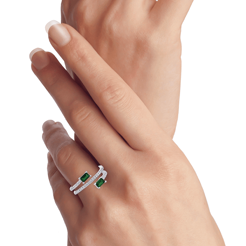 2Ct Pave Wrap Open Emerald Pointed Ring